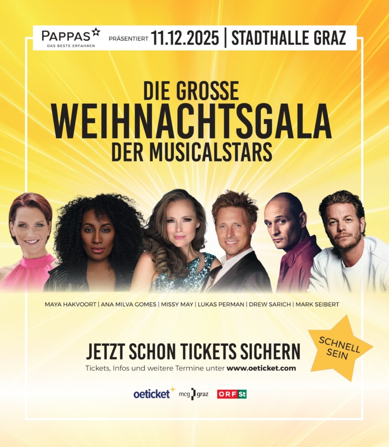 Plakat für die große Weihnachtsgala der Musicalstars in Graz am 11. Dezember 2025, präsentiert von Pappas.
