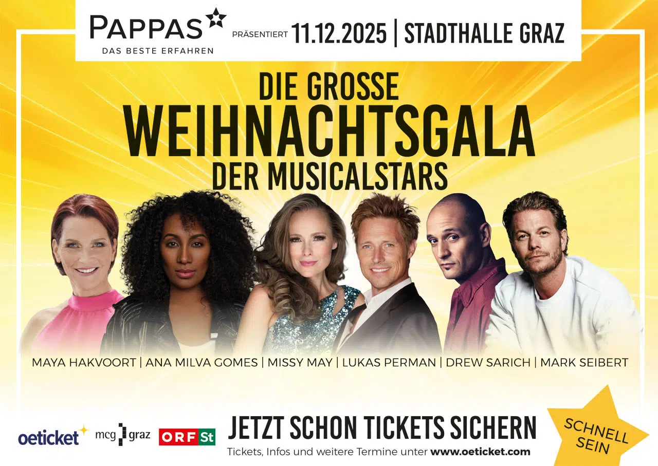 Plakat für die große Weihnachtsgala der Musicalstars in der Stadthalle Graz am 11. Dezember 2025.